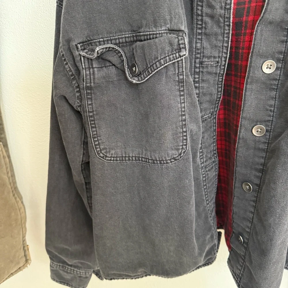 American Eagle Outfitters Distressed Black Jacket with Red Plaid Interior